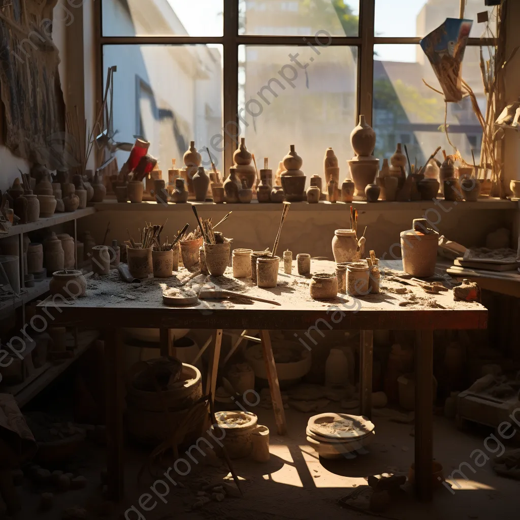 Dramatic shadows on drying clay pots in artist workspace - Image 3