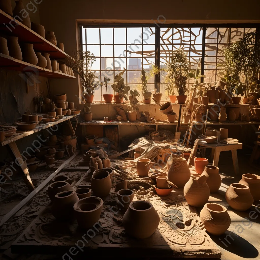 Dramatic shadows on drying clay pots in artist workspace - Image 4