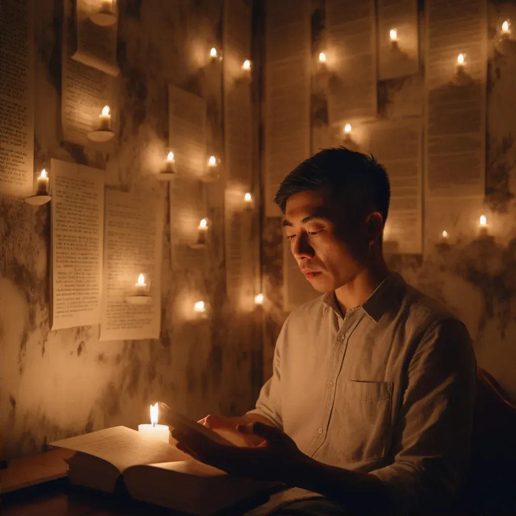 Man with broad shoulders reading poetry in a candlelit room - Image 2