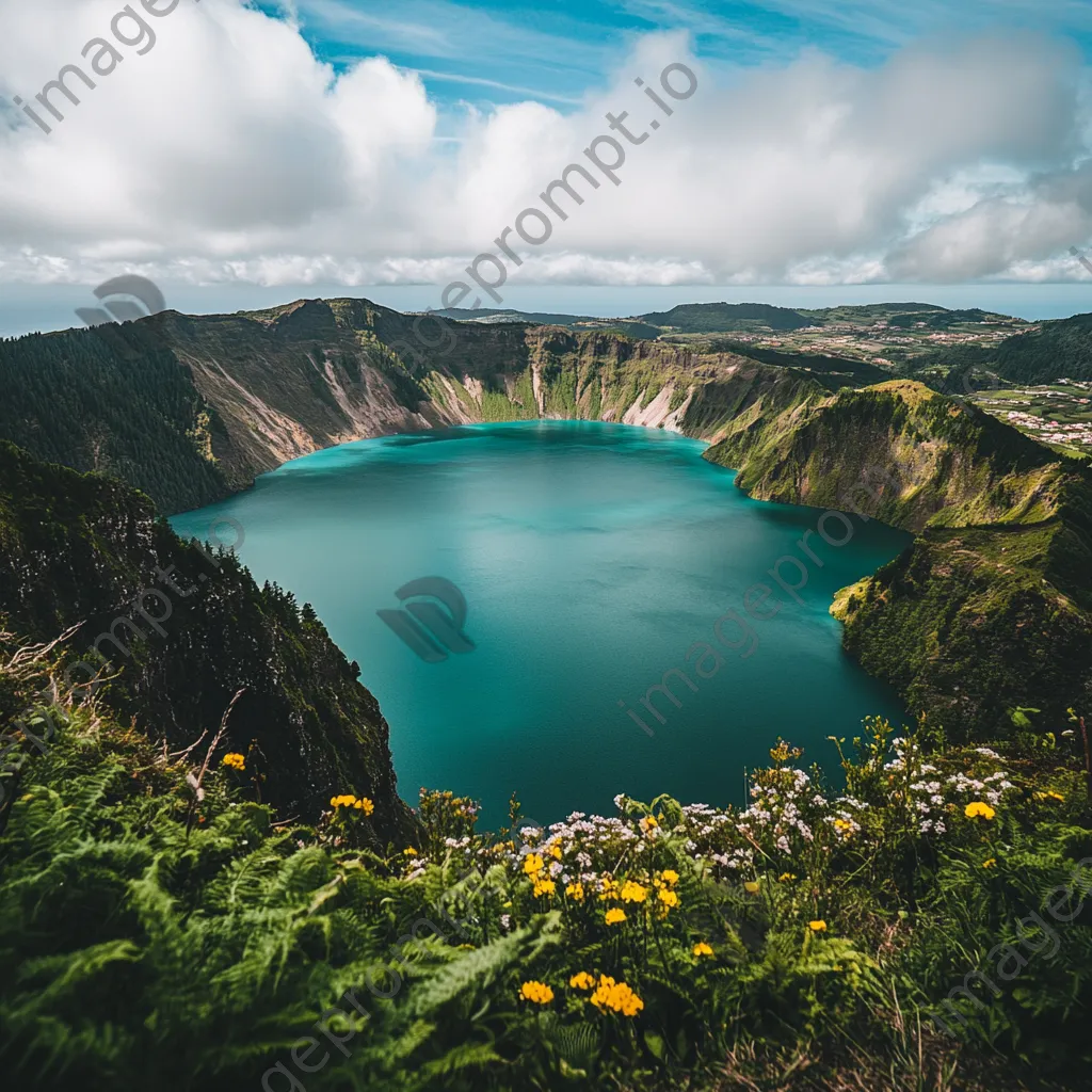 View of a turquoise lake within a volcanic caldera surrounded by cliffs - Image 1