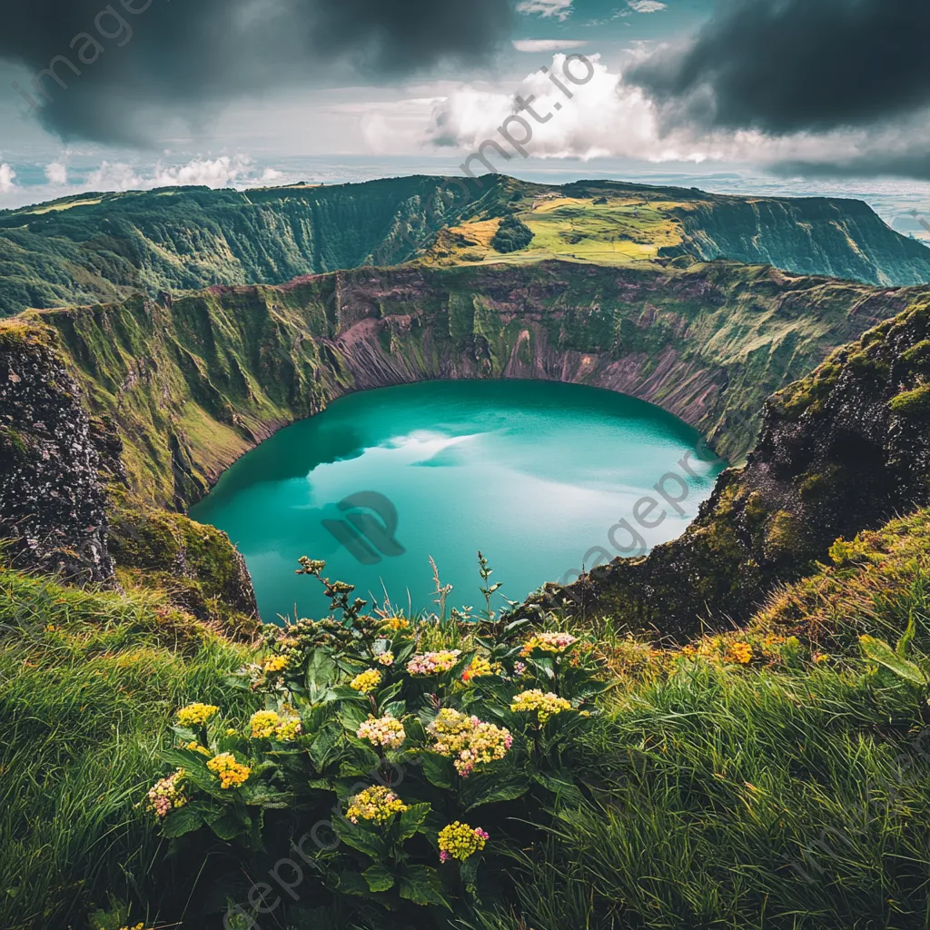 View of a turquoise lake within a volcanic caldera surrounded by cliffs - Image 2