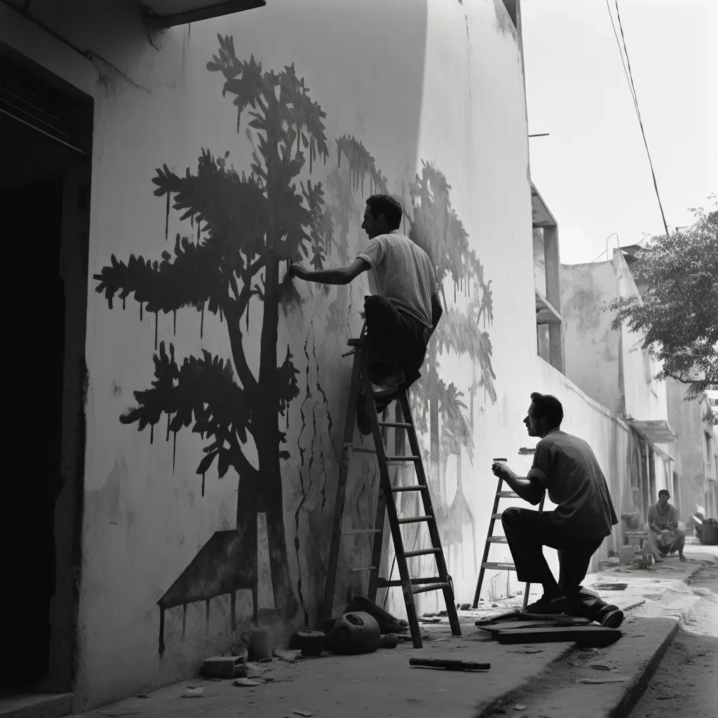 Image of a street artist creating a stencil art piece on a concrete wall with passersby watching - Image 1