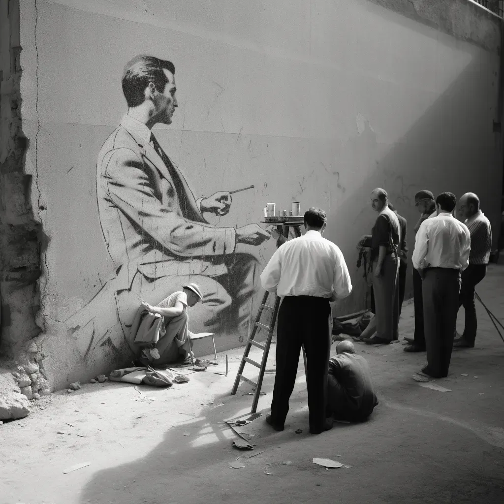 Image of a street artist creating a stencil art piece on a concrete wall with passersby watching - Image 2