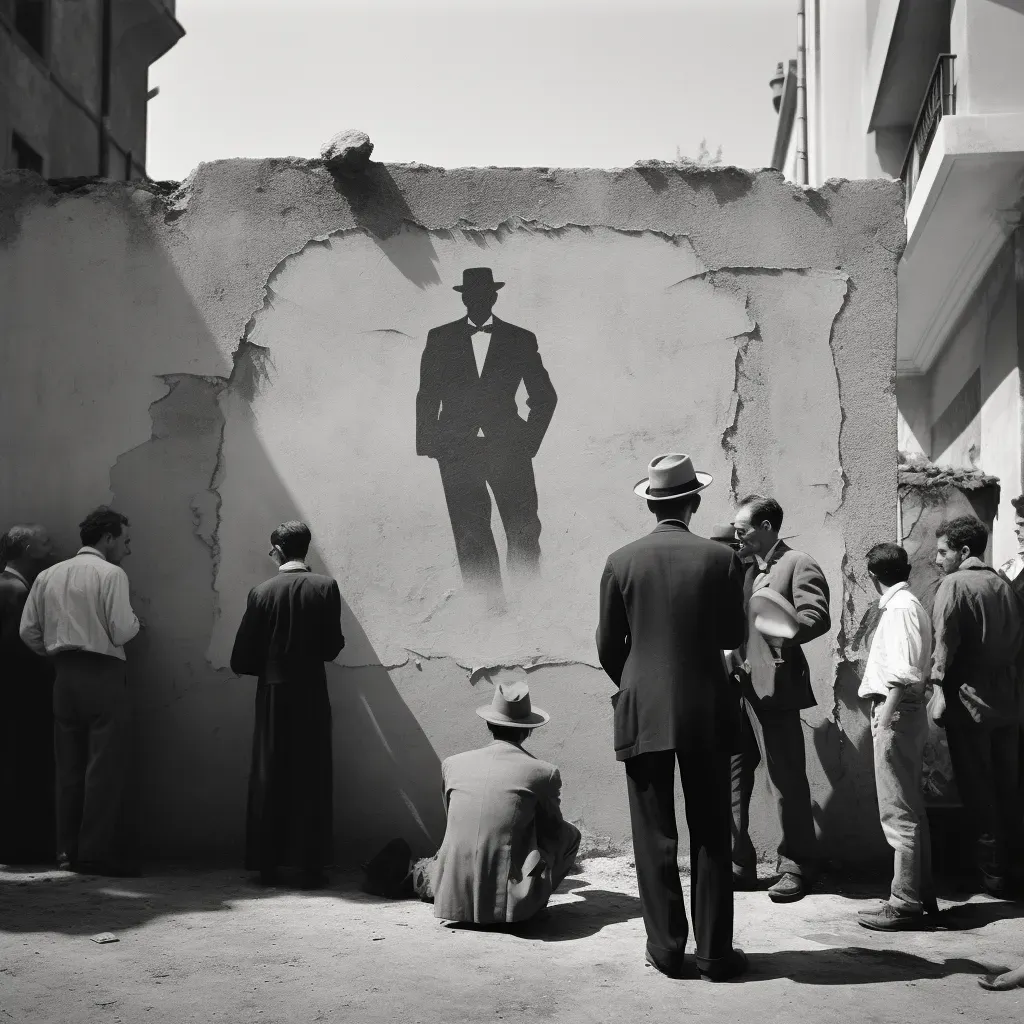 Image of a street artist creating a stencil art piece on a concrete wall with passersby watching - Image 3