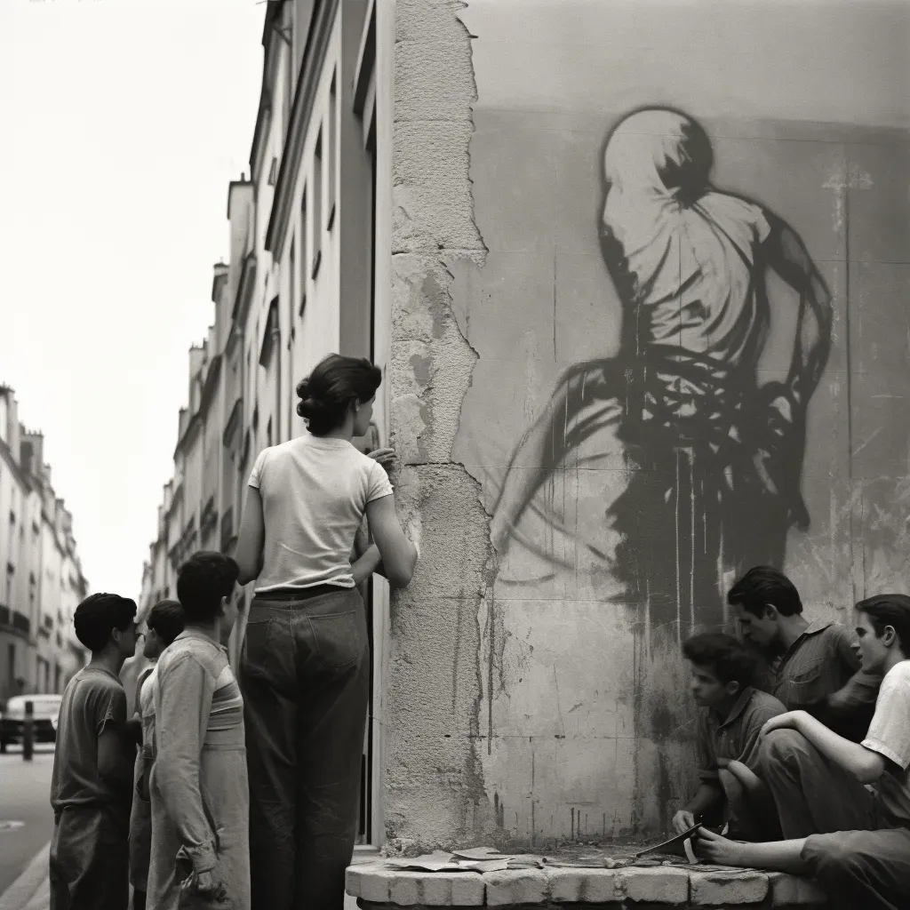 Image of a street artist creating a stencil art piece on a concrete wall with passersby watching - Image 4