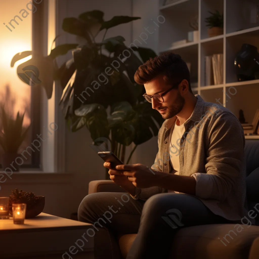 Young professional setting reminders on a smartphone while relaxing on a couch. - Image 1