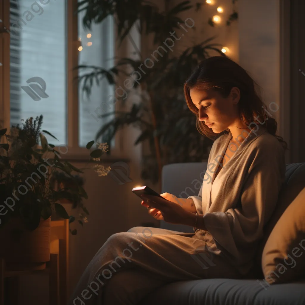 Young professional setting reminders on a smartphone while relaxing on a couch. - Image 2