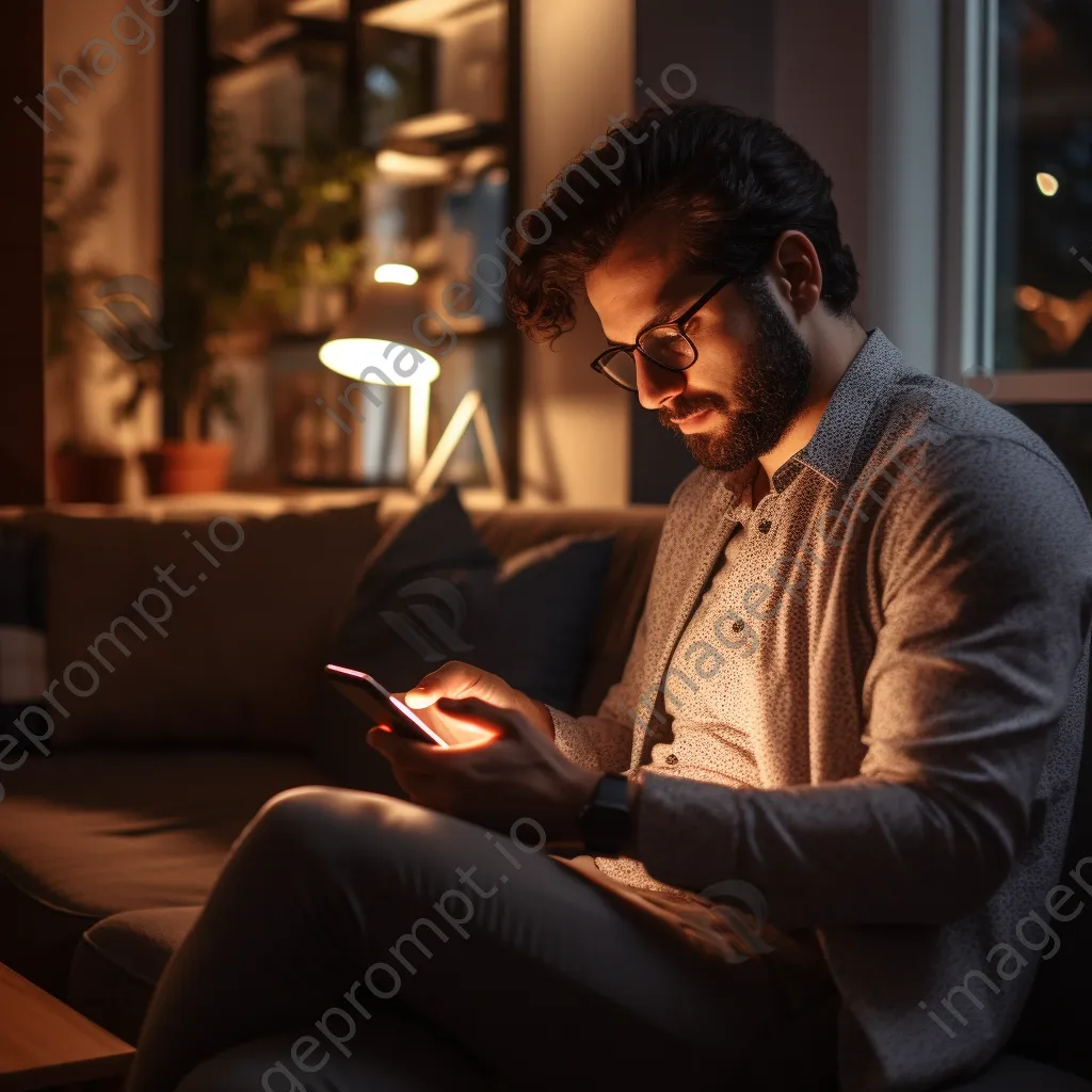 Young professional setting reminders on a smartphone while relaxing on a couch. - Image 3