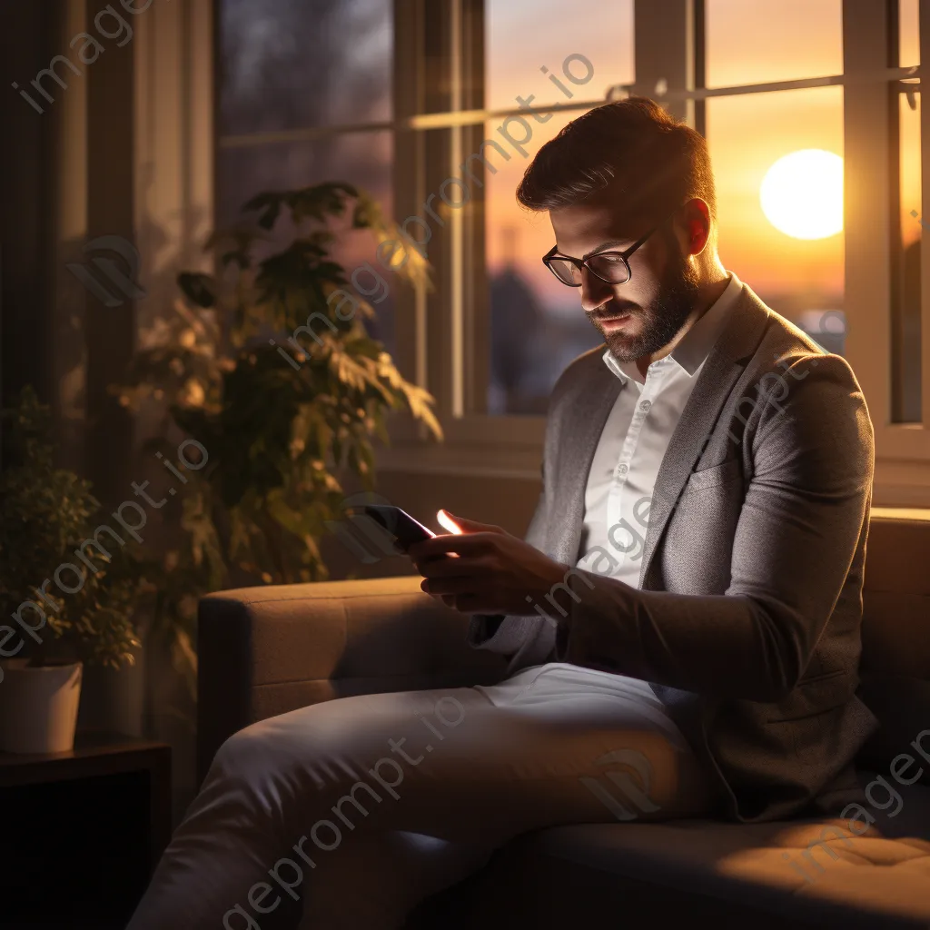 Young professional setting reminders on a smartphone while relaxing on a couch. - Image 4