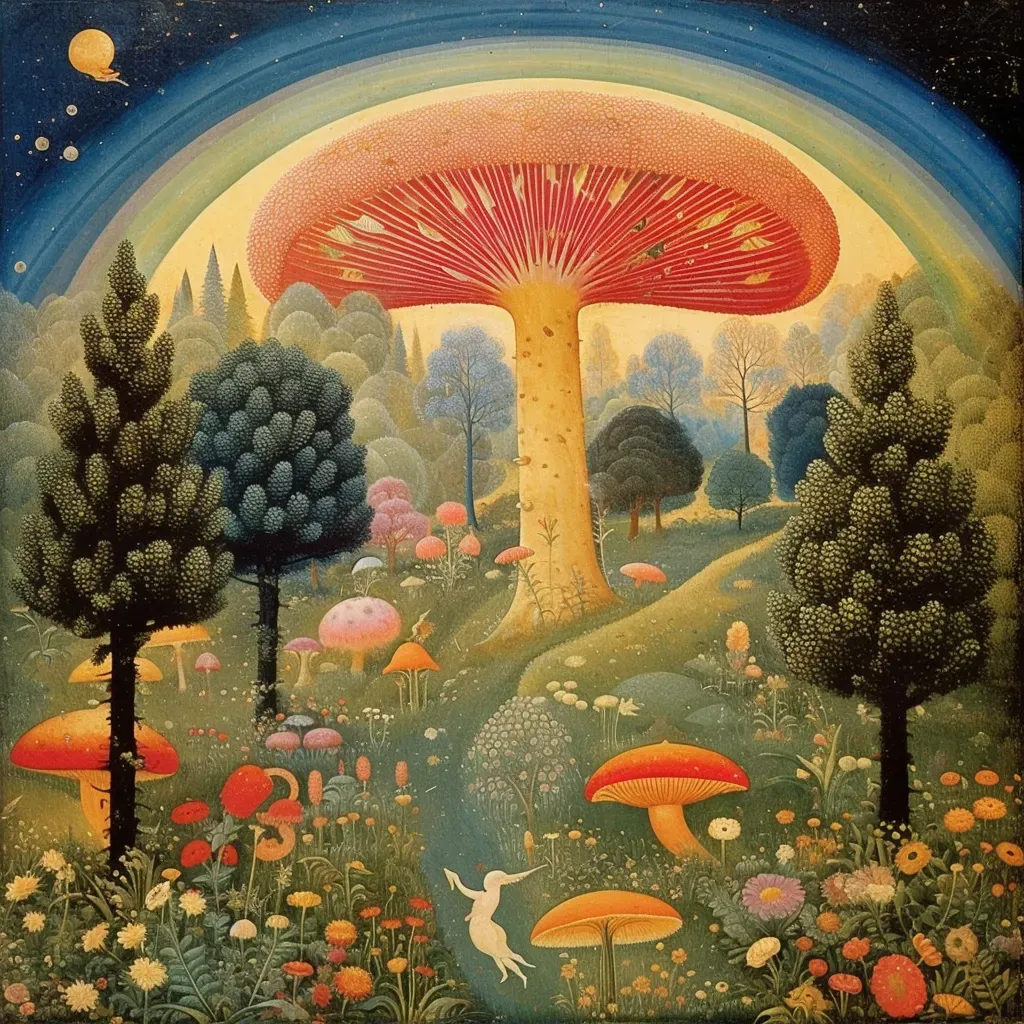 Mythical garden with colorful mushrooms and flower trees - Image 2