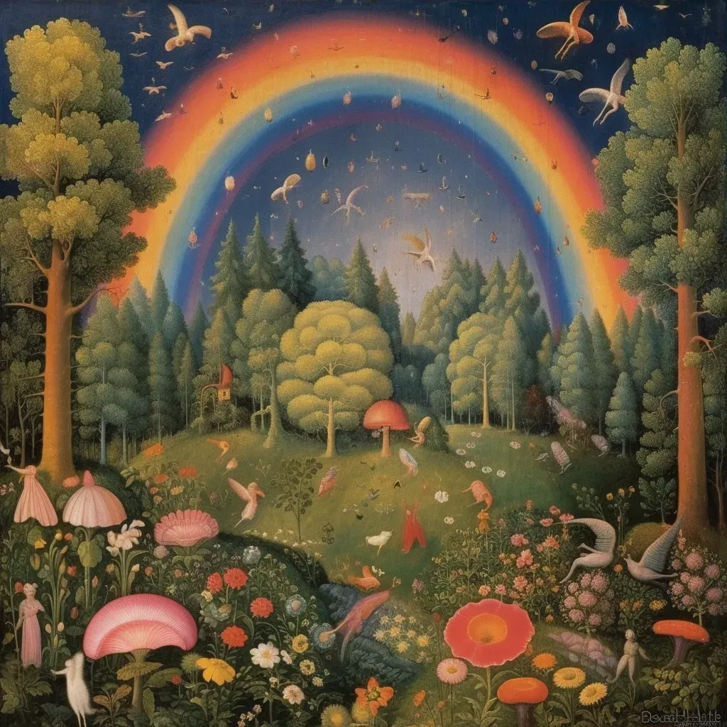 Mythical garden with colorful mushrooms and flower trees - Image 3