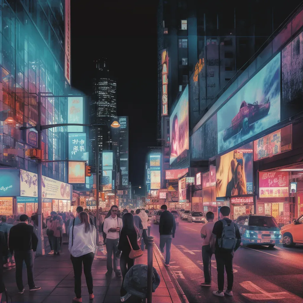 Bustling cityscape at night illuminated by neon signs and digital billboards - Image 1