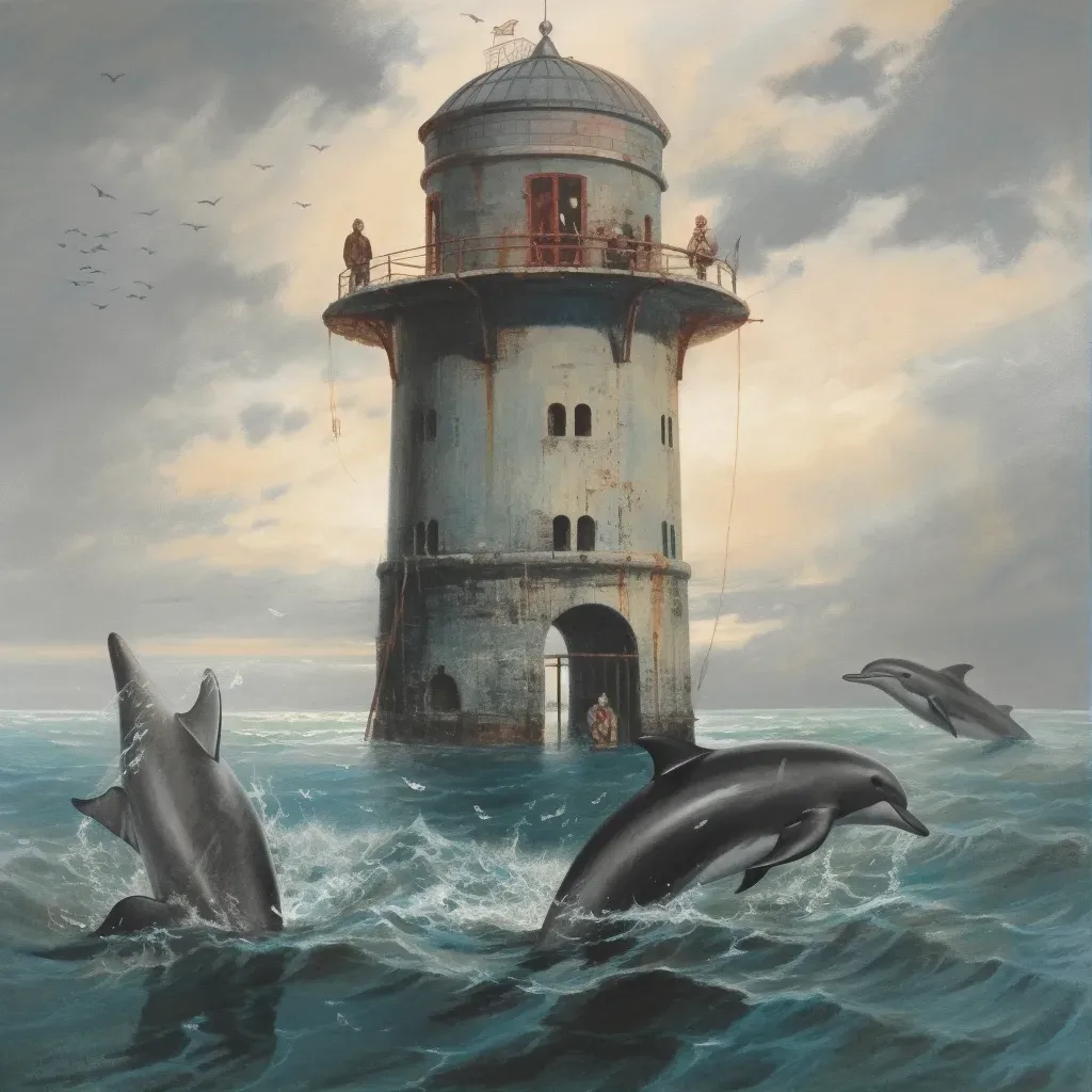 Pod of dolphins playing around submerged lighthouse in ocean - Image 1