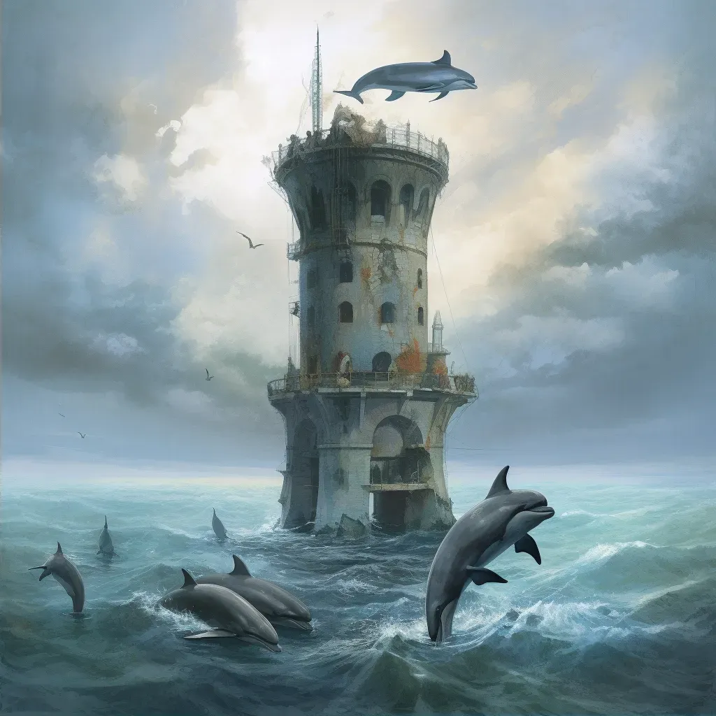 Pod of dolphins playing around submerged lighthouse in ocean - Image 2