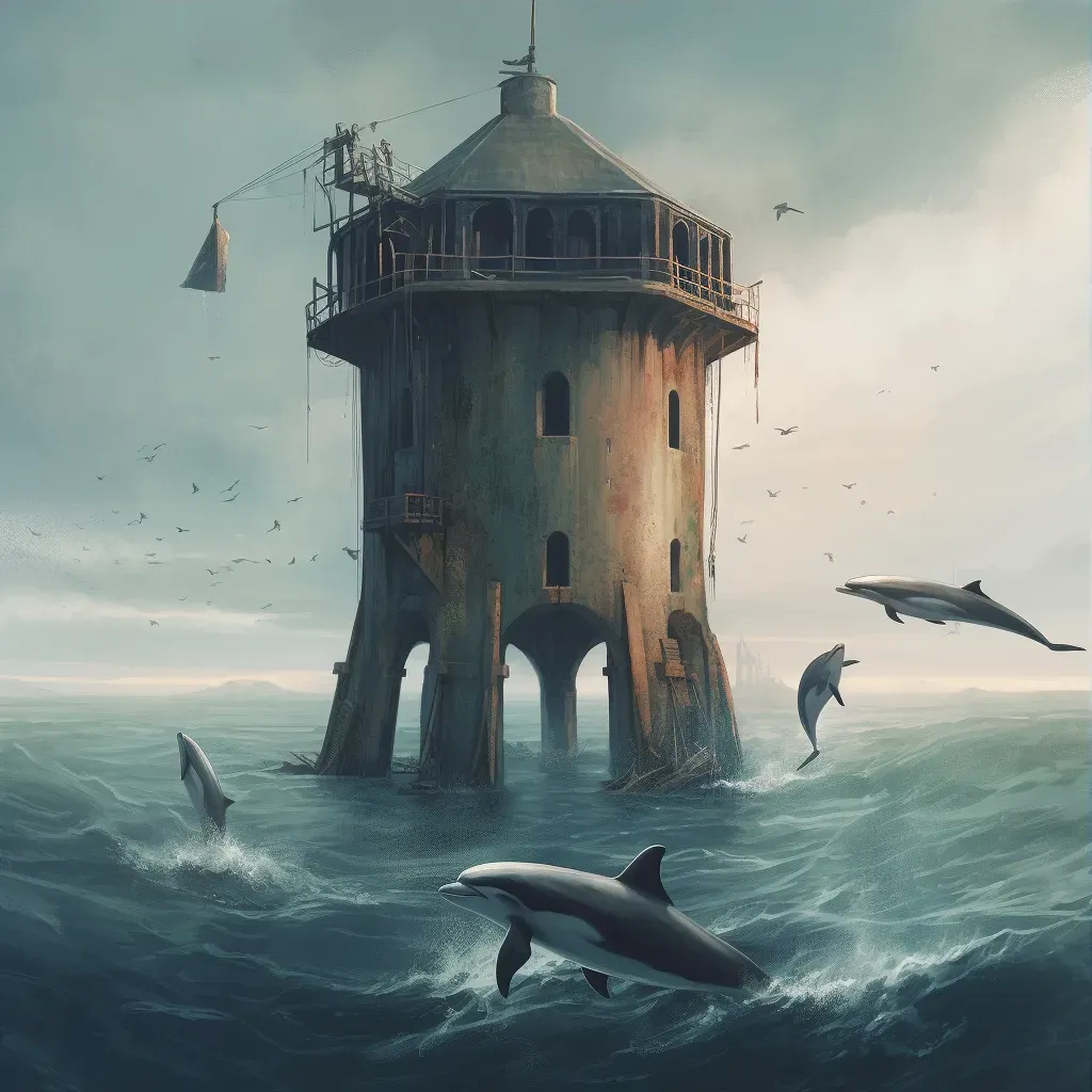 Pod of dolphins playing around submerged lighthouse in ocean - Image 3