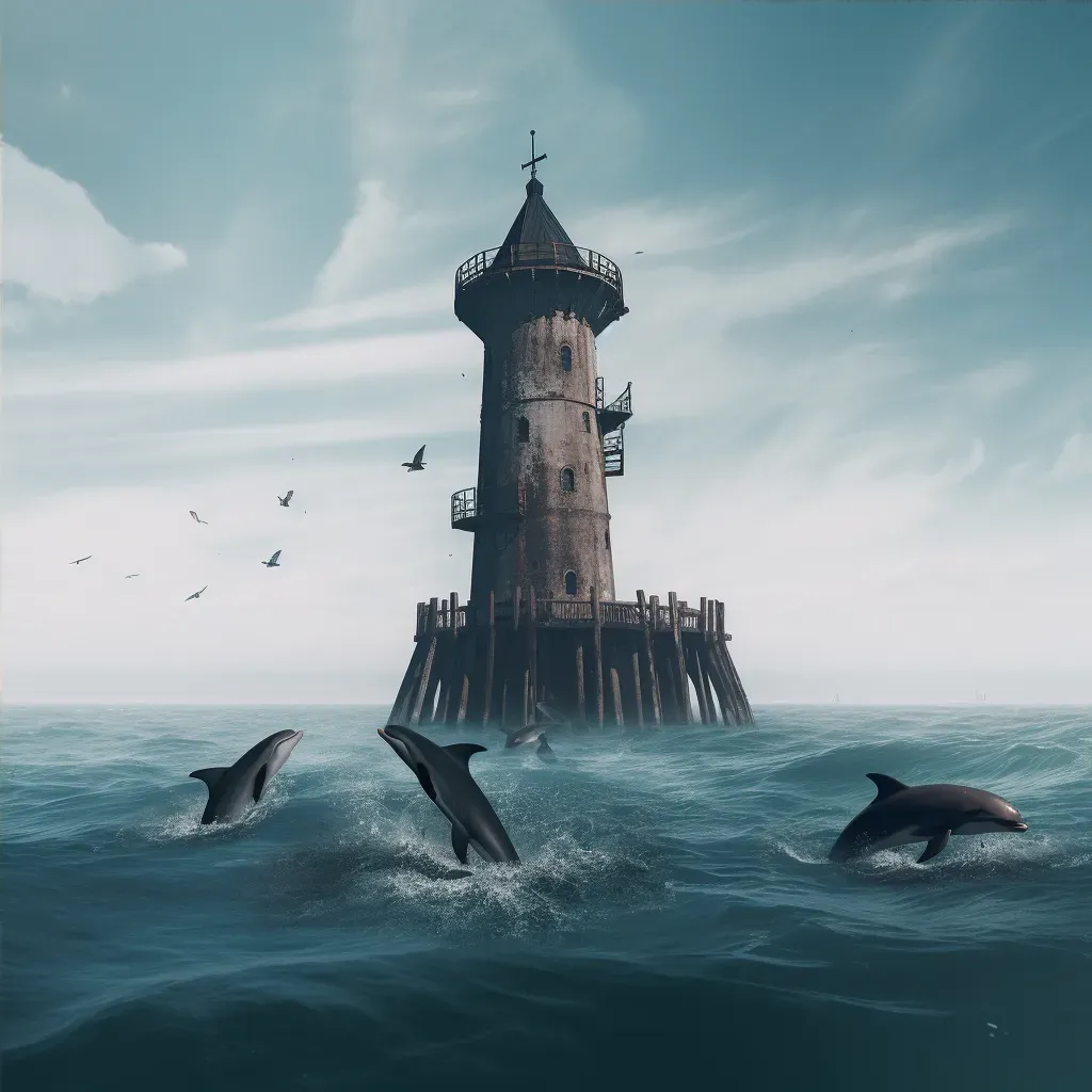 Pod of dolphins playing around submerged lighthouse in ocean - Image 4