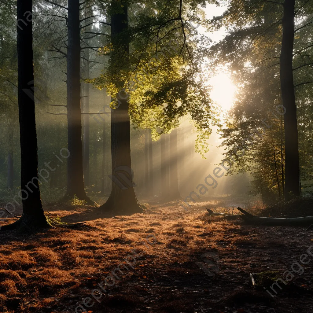 Misty woodland clearing at dawn with fallen leaves and soft light. - Image 1