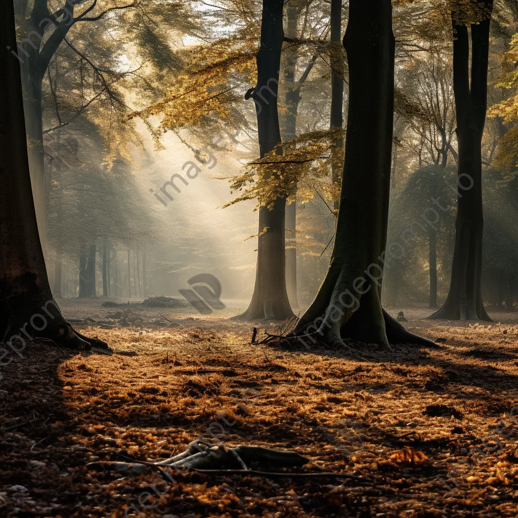 Misty woodland clearing at dawn with fallen leaves and soft light. - Image 2