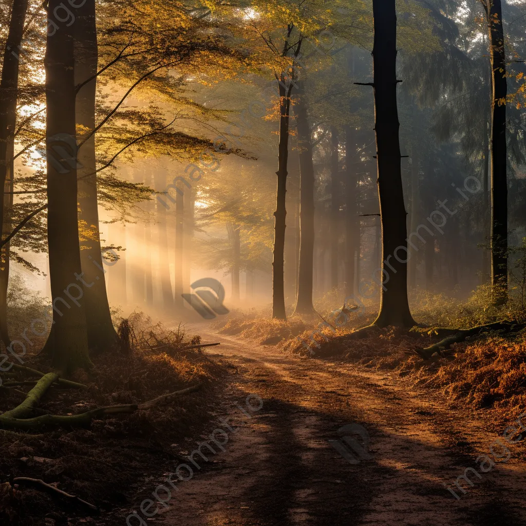 Misty woodland clearing at dawn with fallen leaves and soft light. - Image 3