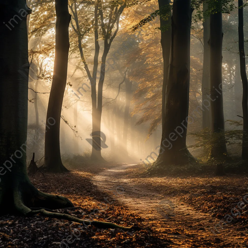 Misty woodland clearing at dawn with fallen leaves and soft light. - Image 4