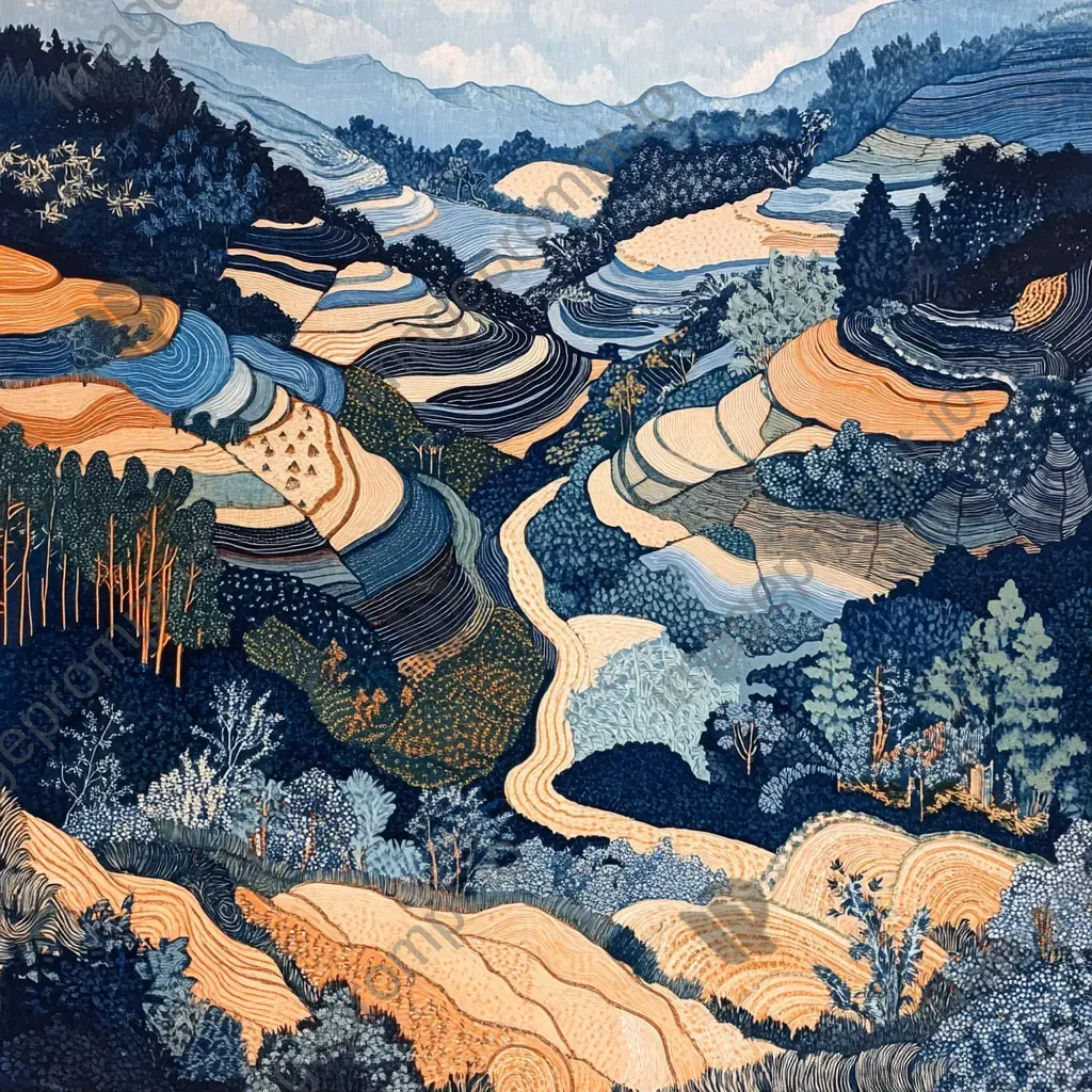 Harmonious patterns of rice terraces viewed from above, rendered in Japanese woodblock print style - Image 1