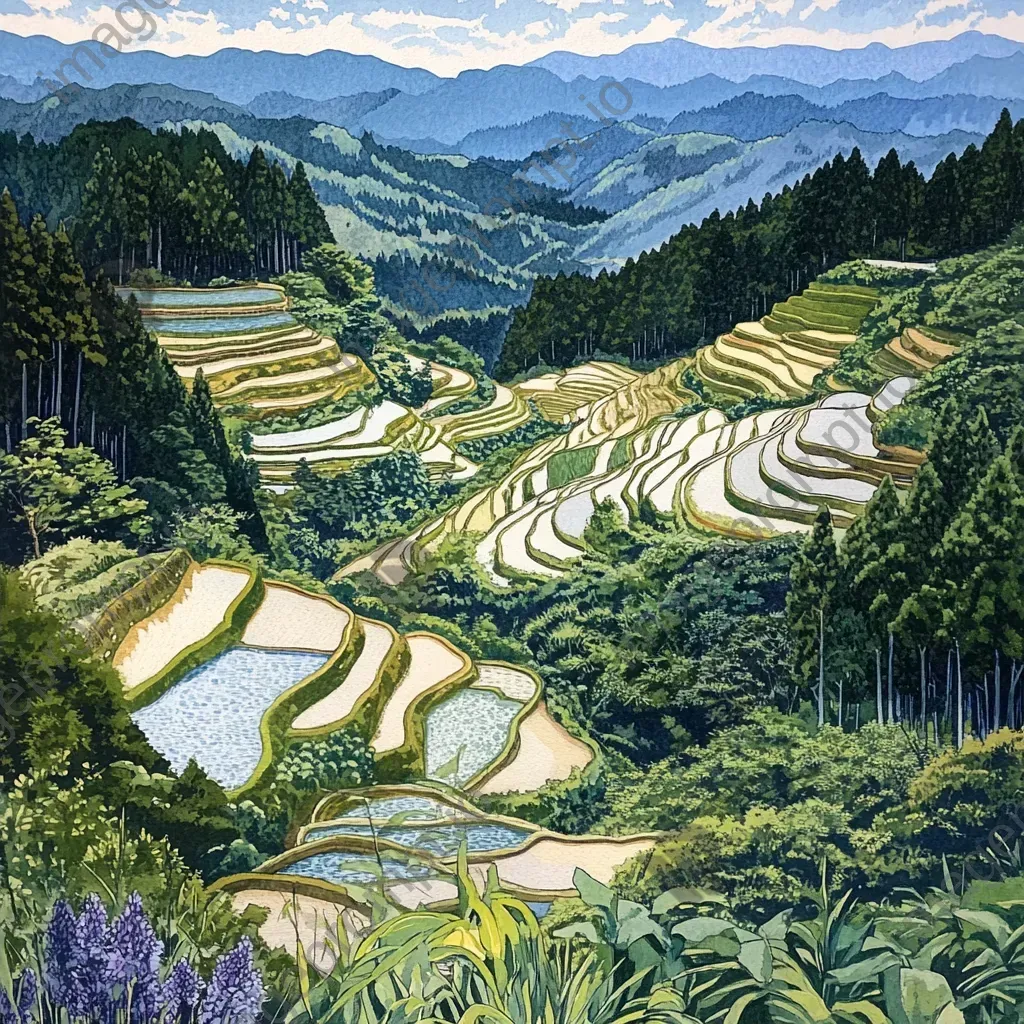 Harmonious patterns of rice terraces viewed from above, rendered in Japanese woodblock print style - Image 2