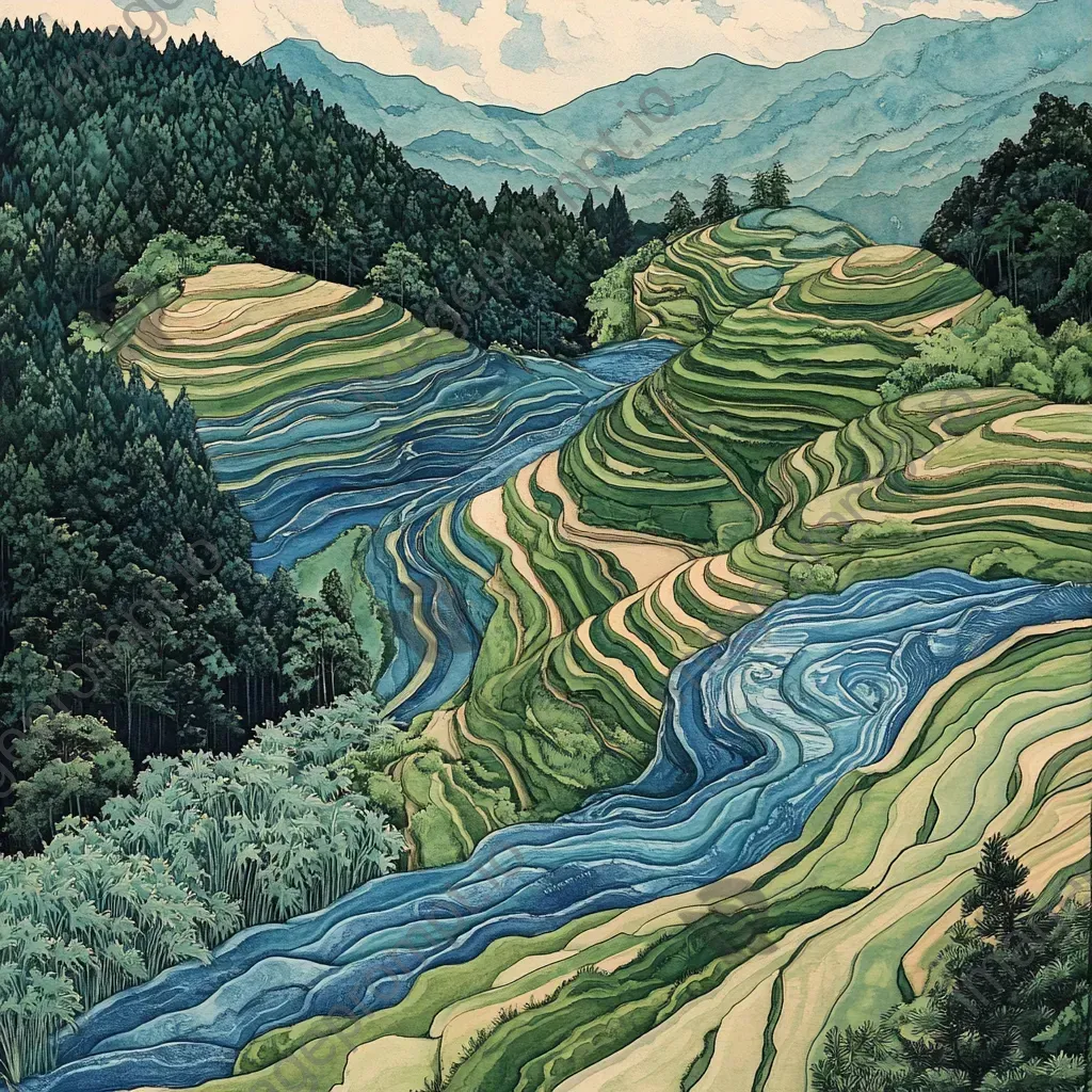 Harmonious patterns of rice terraces viewed from above, rendered in Japanese woodblock print style - Image 3