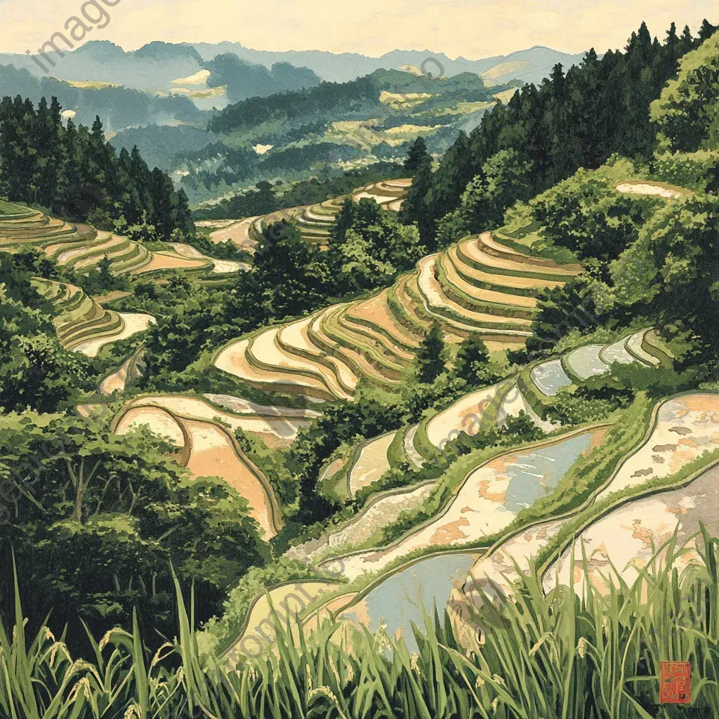 Harmonious patterns of rice terraces viewed from above, rendered in Japanese woodblock print style - Image 4