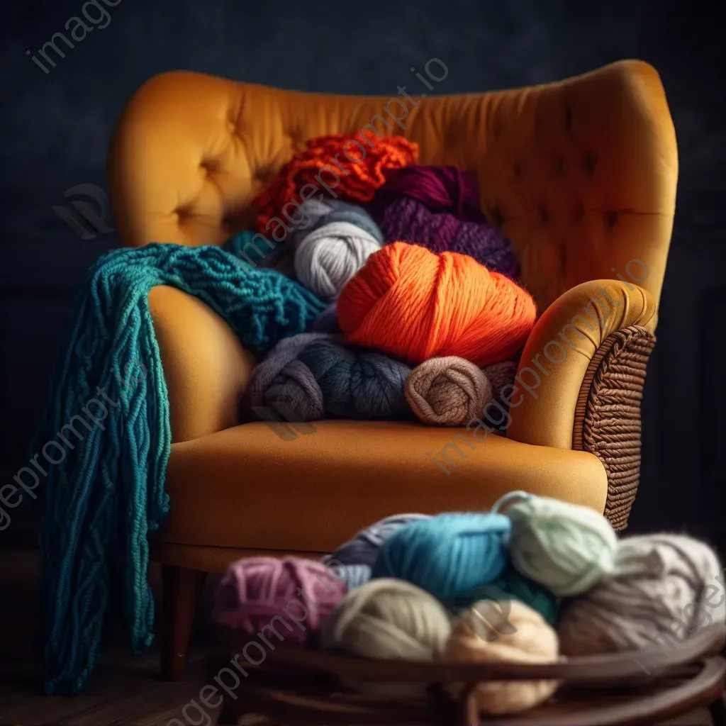 Top-down view of vibrant yarn skeins and knitting needles on an armchair - Image 1