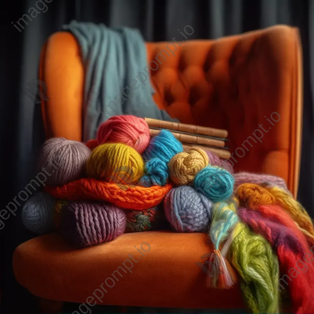 Top-down view of vibrant yarn skeins and knitting needles on an armchair - Image 2