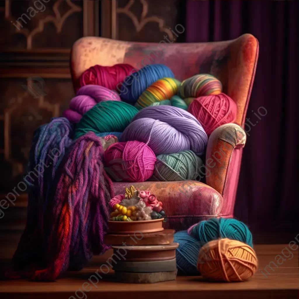 Top-down view of vibrant yarn skeins and knitting needles on an armchair - Image 3