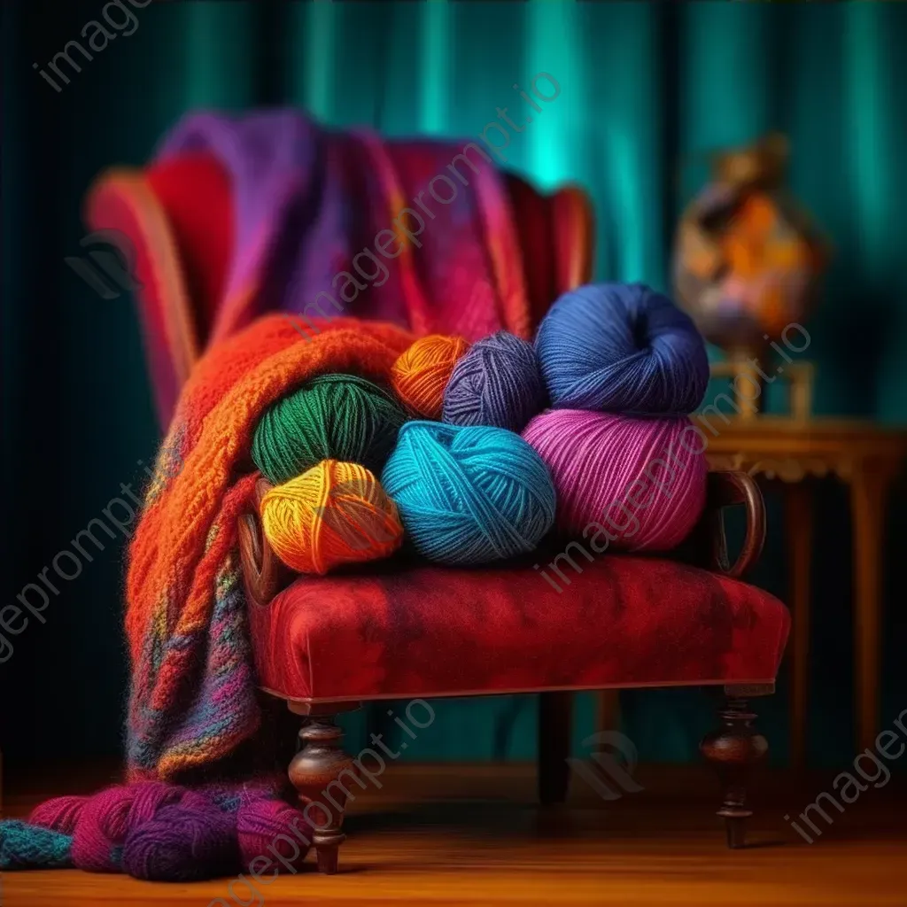 Top-down view of vibrant yarn skeins and knitting needles on an armchair - Image 4