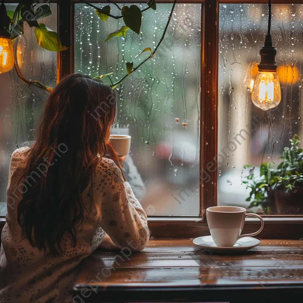 A woman drinking tea while looking out at a rainy café window. - Image 1