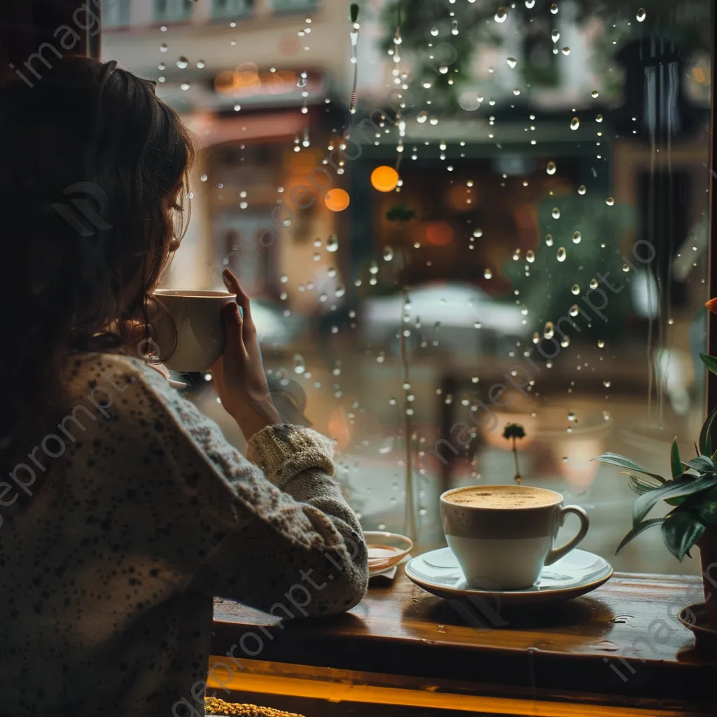 A woman drinking tea while looking out at a rainy café window. - Image 2