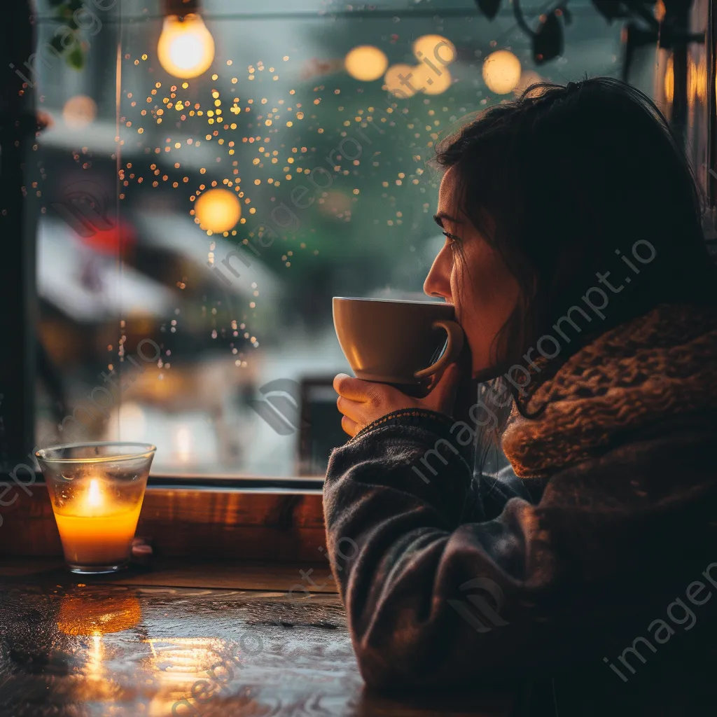 A woman drinking tea while looking out at a rainy café window. - Image 3