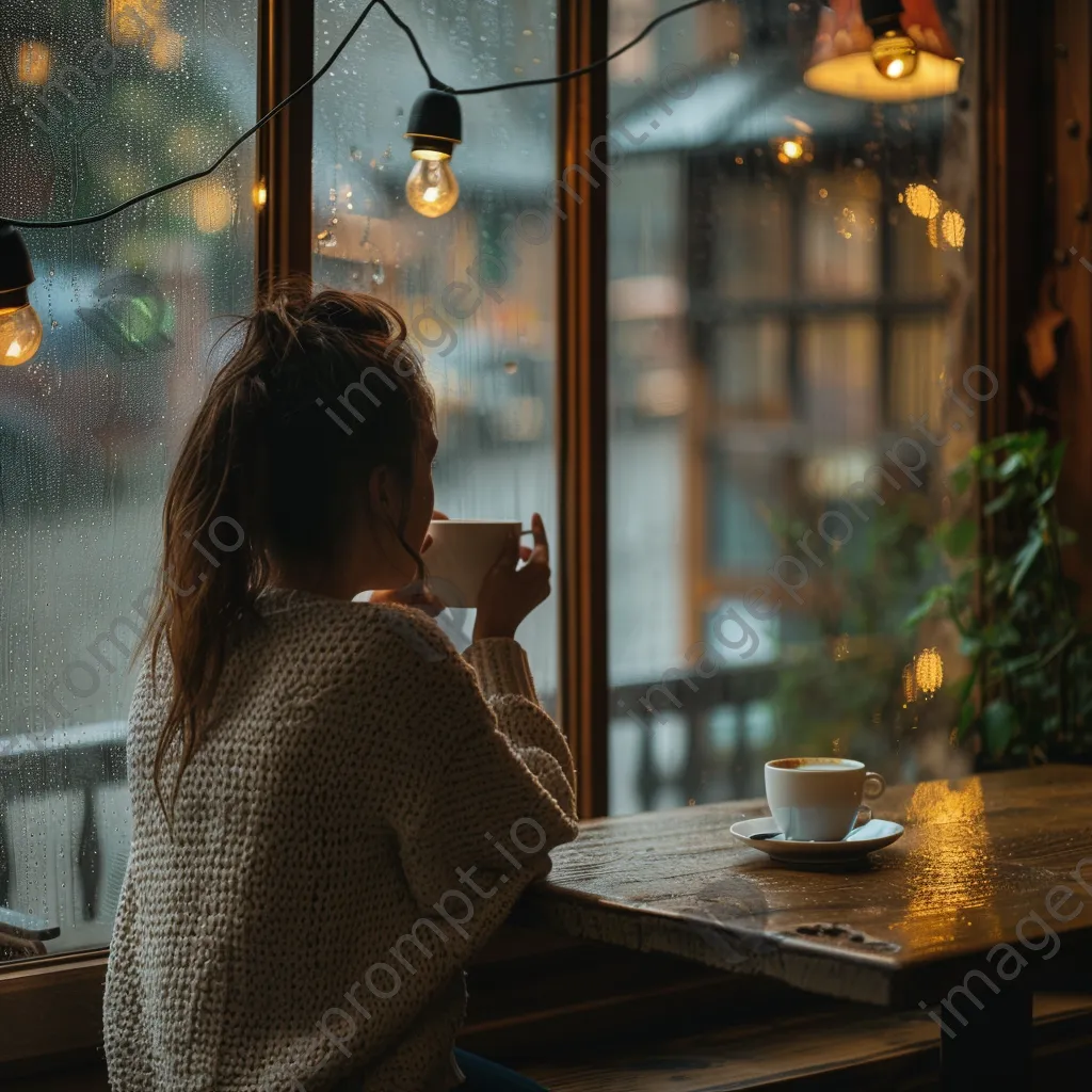 A woman drinking tea while looking out at a rainy café window. - Image 4