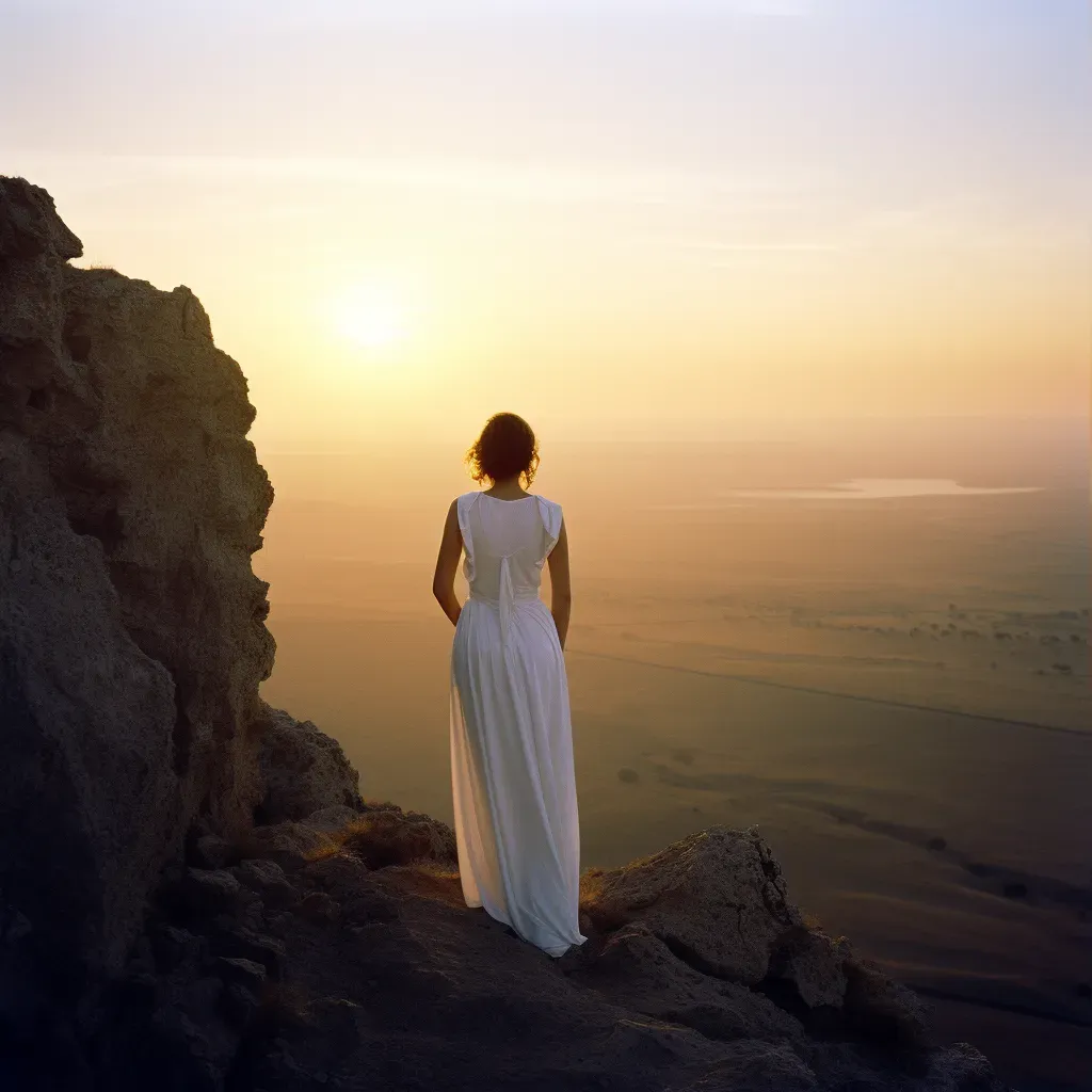 Woman in white dress standing at edge of cliff looking at sunset - Image 1