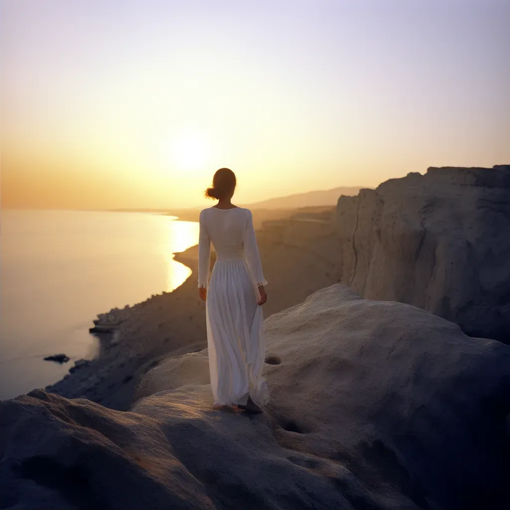 Woman in white dress standing at edge of cliff looking at sunset - Image 2