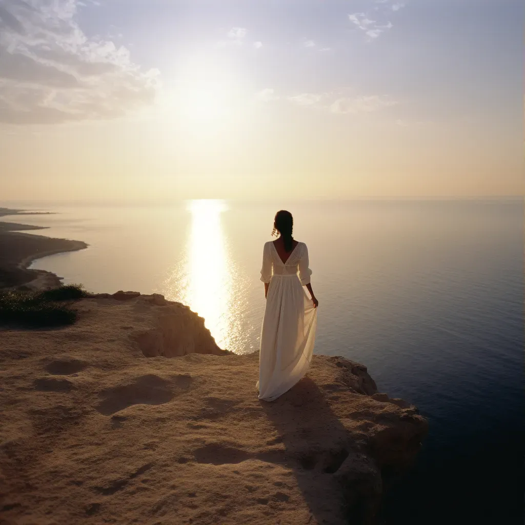 Woman in white dress standing at edge of cliff looking at sunset - Image 3