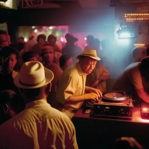 DJ mixing tracks in a neon-lit club with a dancing crowd - Image 1