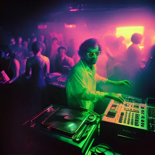 DJ mixing tracks in a neon-lit club with a dancing crowd - Image 2