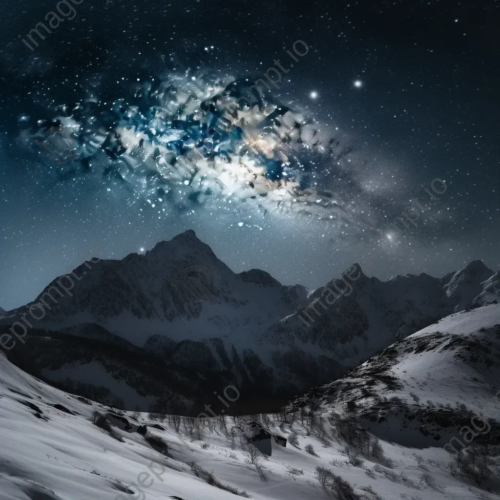 Milky Way galaxy with full moon over snowy mountain range - Image 1