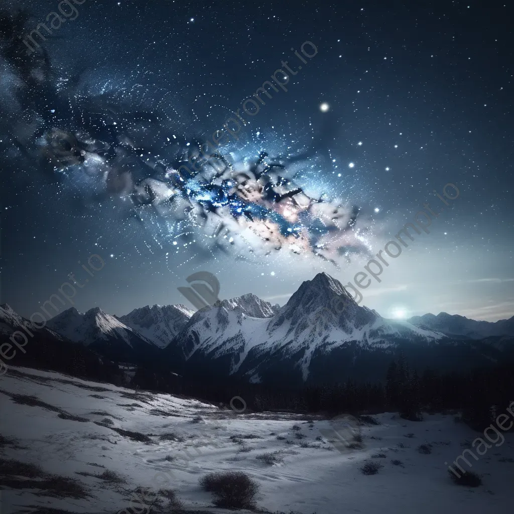 Milky Way galaxy with full moon over snowy mountain range - Image 4