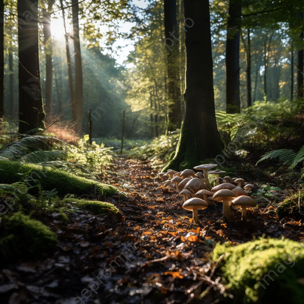 Winding forest path scattered with wild mushrooms - Image 1