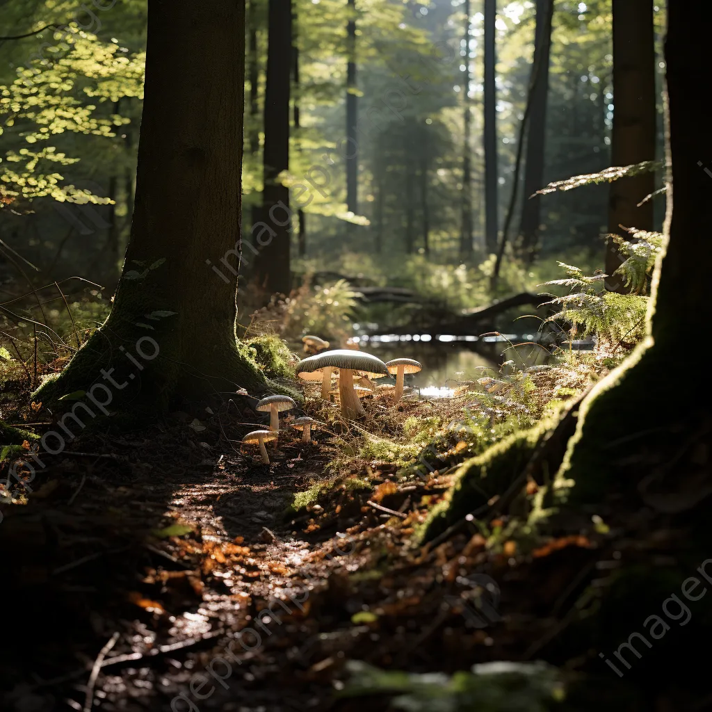 Winding forest path scattered with wild mushrooms - Image 2