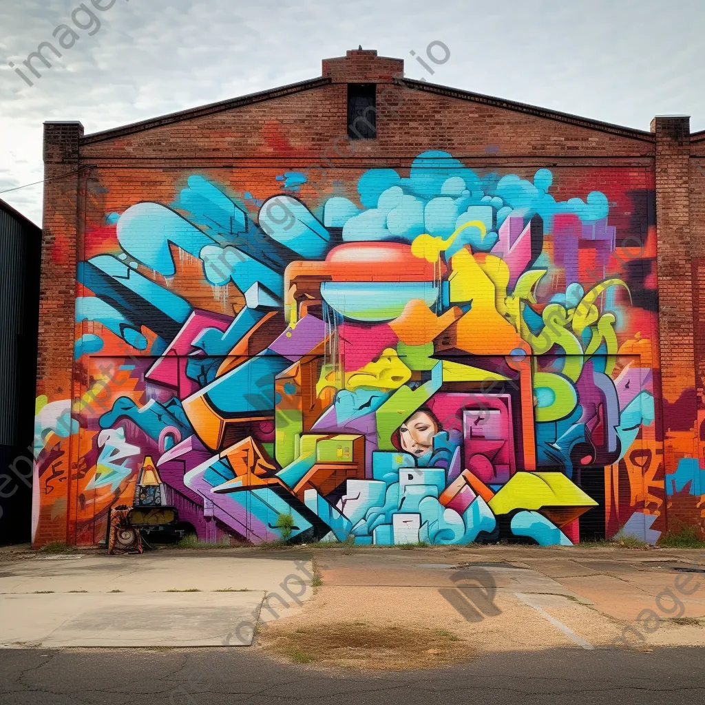 Brightly colored graffiti mural on an abandoned warehouse wall - Image 2