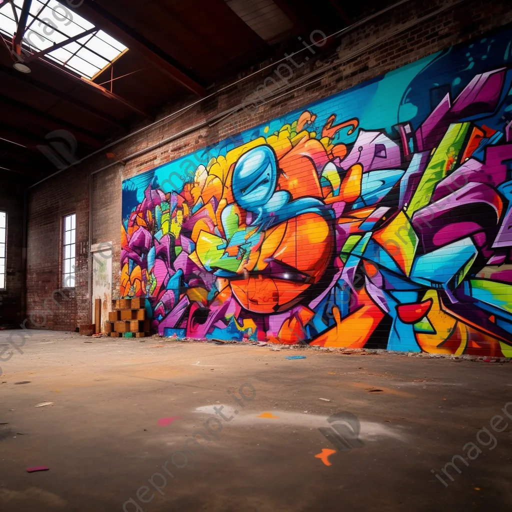 Brightly colored graffiti mural on an abandoned warehouse wall - Image 3