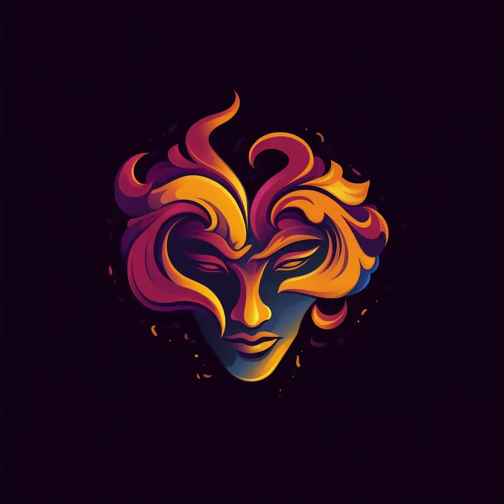 Artistic and abstract theater company logo with a stylized comedy and tragedy mask icon in purple and gold - Image 2