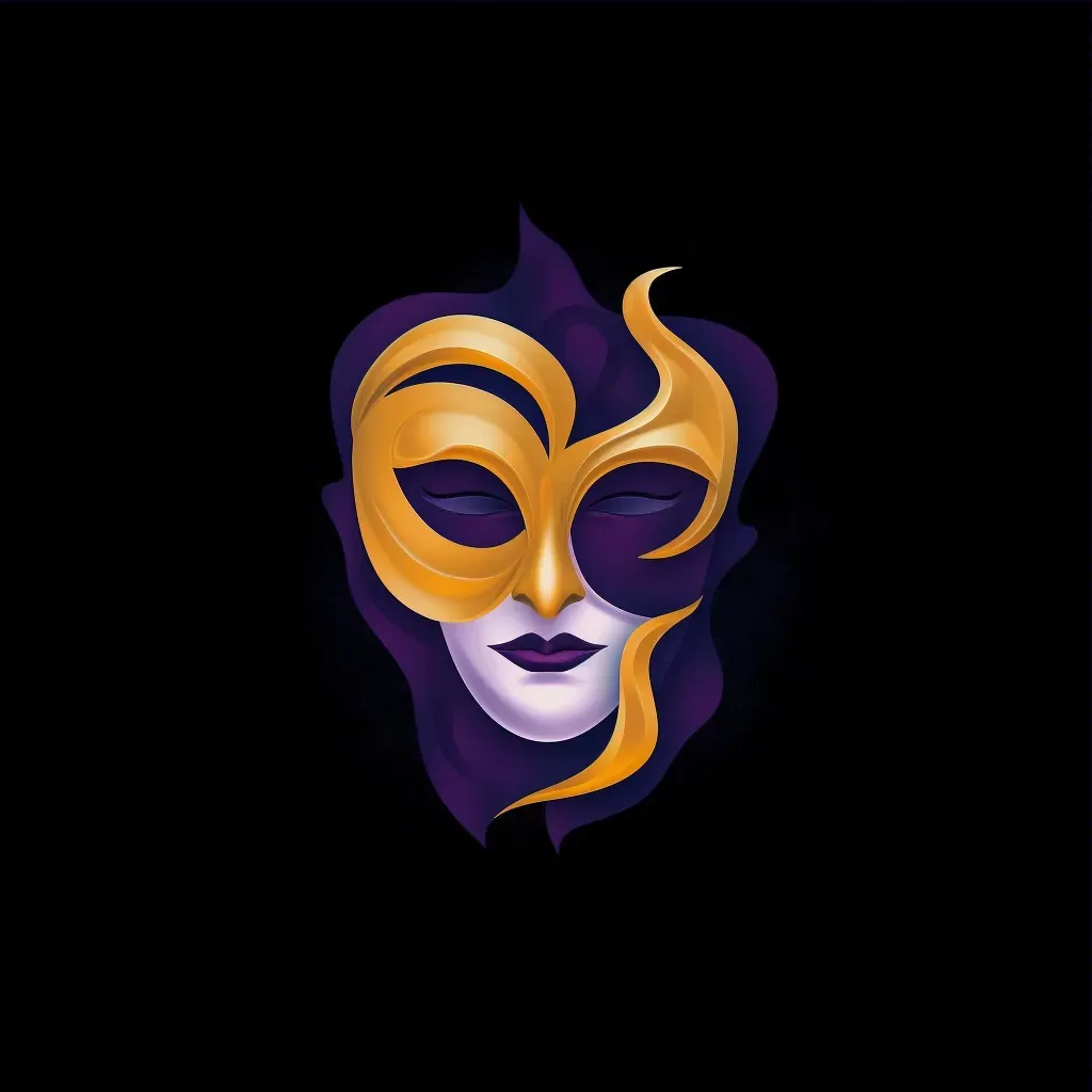 Artistic and abstract theater company logo with a stylized comedy and tragedy mask icon in purple and gold - Image 3