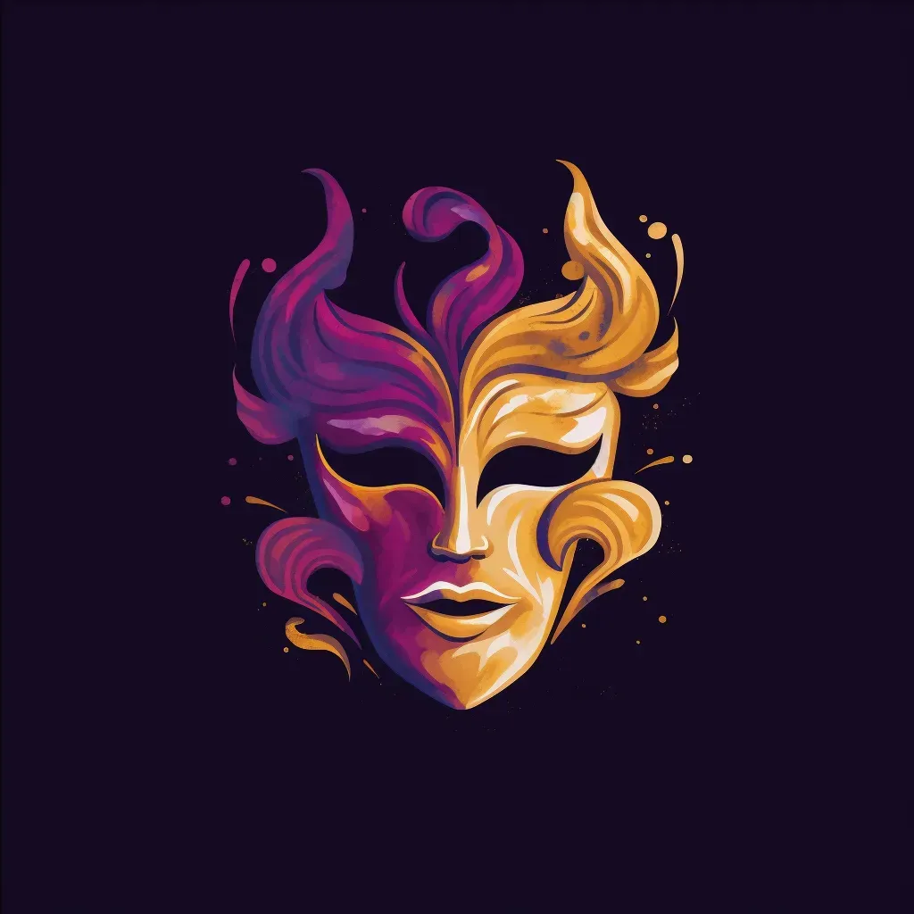 Artistic and abstract theater company logo with a stylized comedy and tragedy mask icon in purple and gold - Image 4